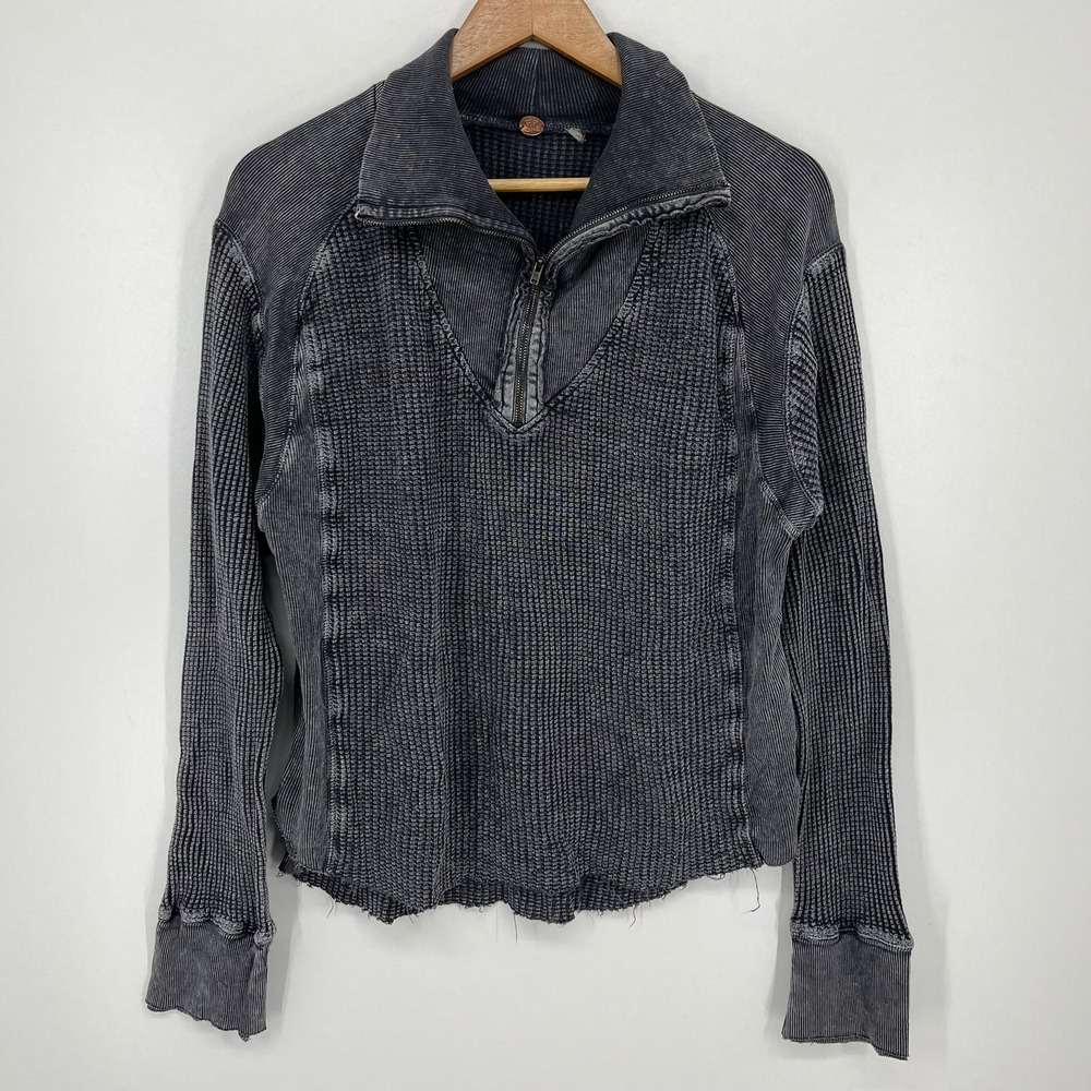 Free People FP One Waffle Knit Quarter Zip Thermal Top Charcoal Gray Boho Small